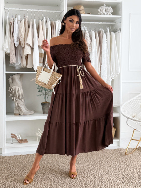 Damen Off-Shoulder Maxikleid mit elastischem Taillenband und fließendem Rock Stalluxe