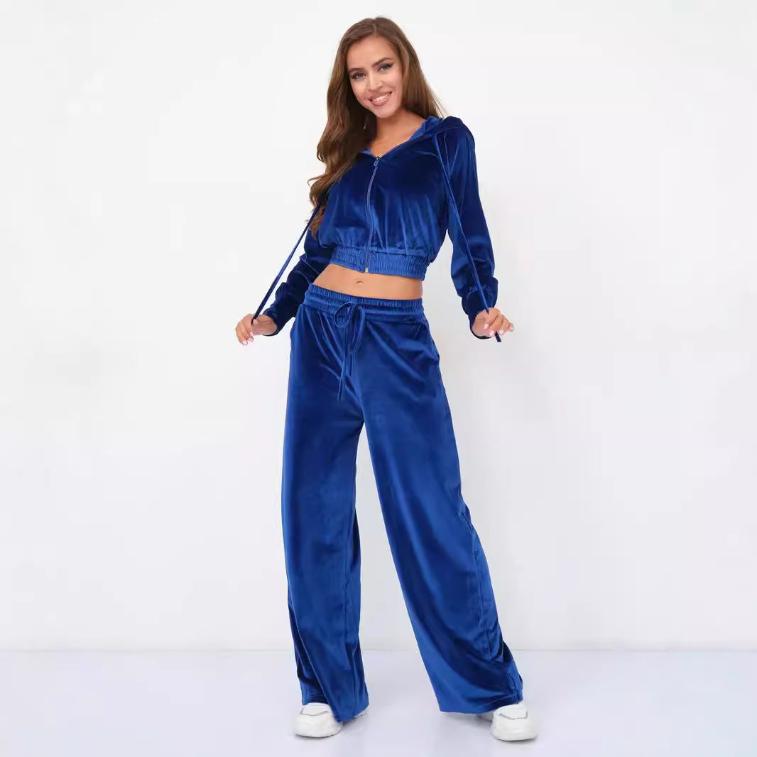 Damen luxuriöser Velours-Hoodie und weite Hose Set Stalluxe