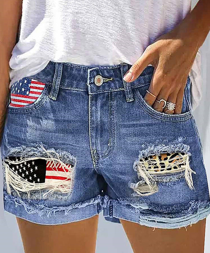 Damen Jeansshorts mit modischem USA-Print und Destroyed-Detail Stalluxe