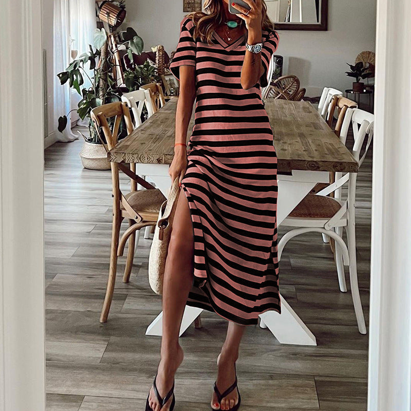 Damen Maxikleid mit tiefem Seitenschlitz und modischem Streifenmuster Stalluxe