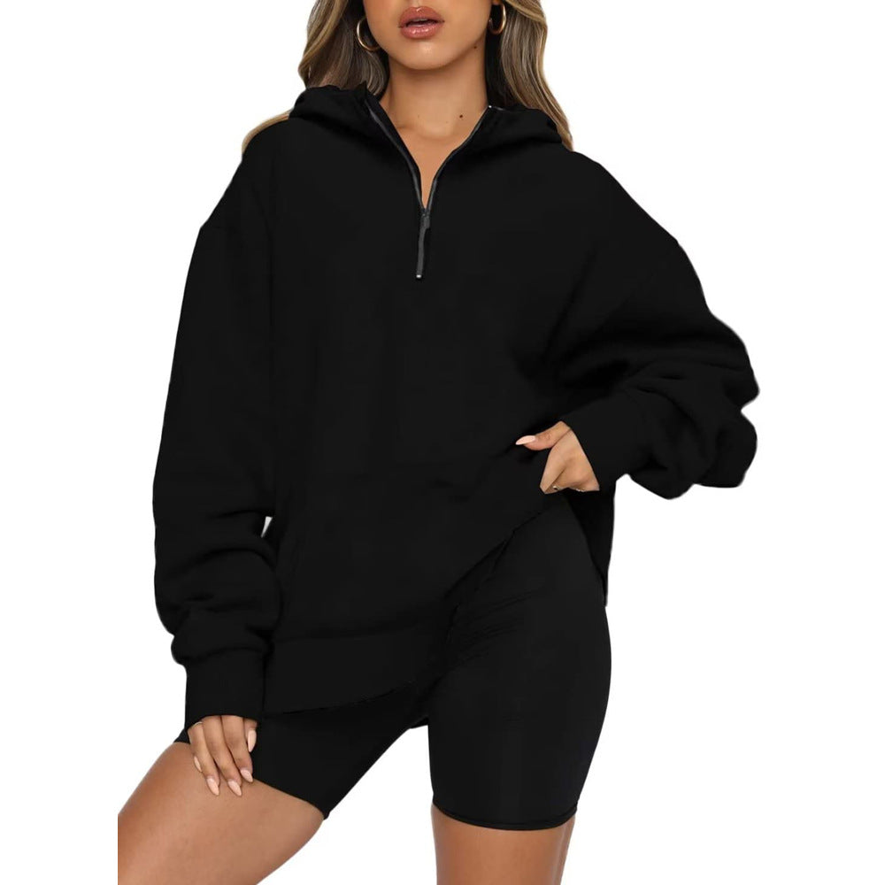Damen Oversize Kapuzenpullover mit halbem Reißverschluss Stalluxe Schwarz