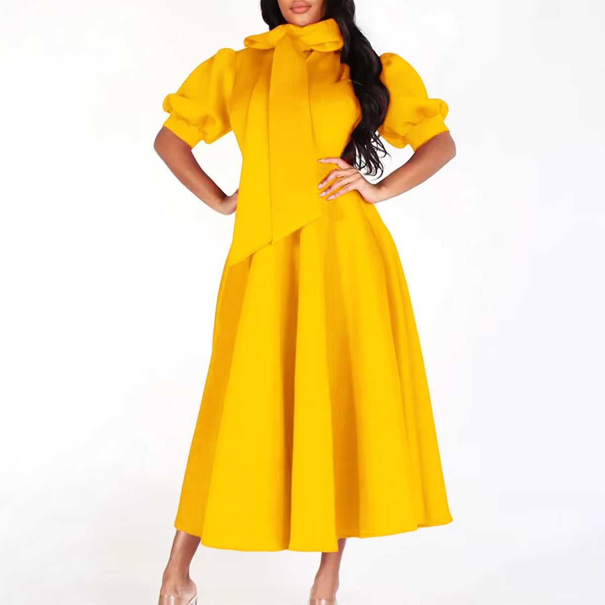 Damen Elegantes A-Linien Kleid mit Schleifenkragen und Volantärmeln Stalluxe