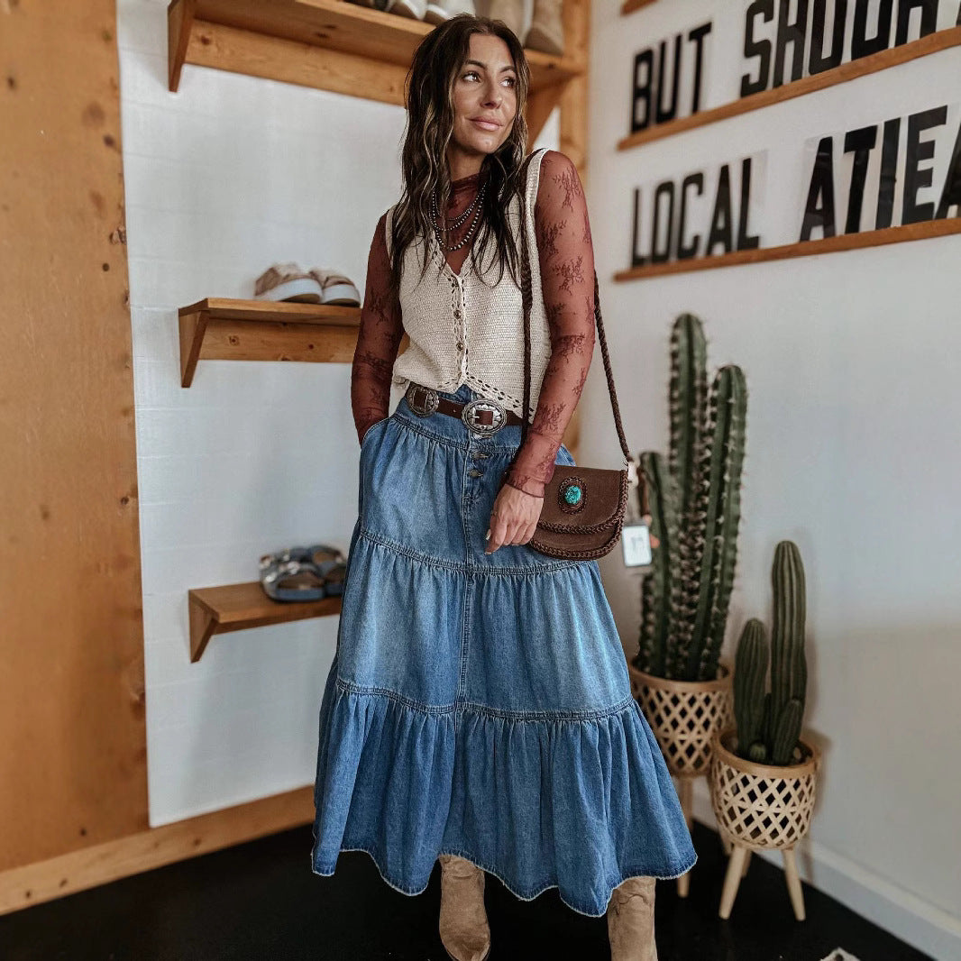 Damen Denim Maxirock mit Volant und Knopfleiste Stalluxe