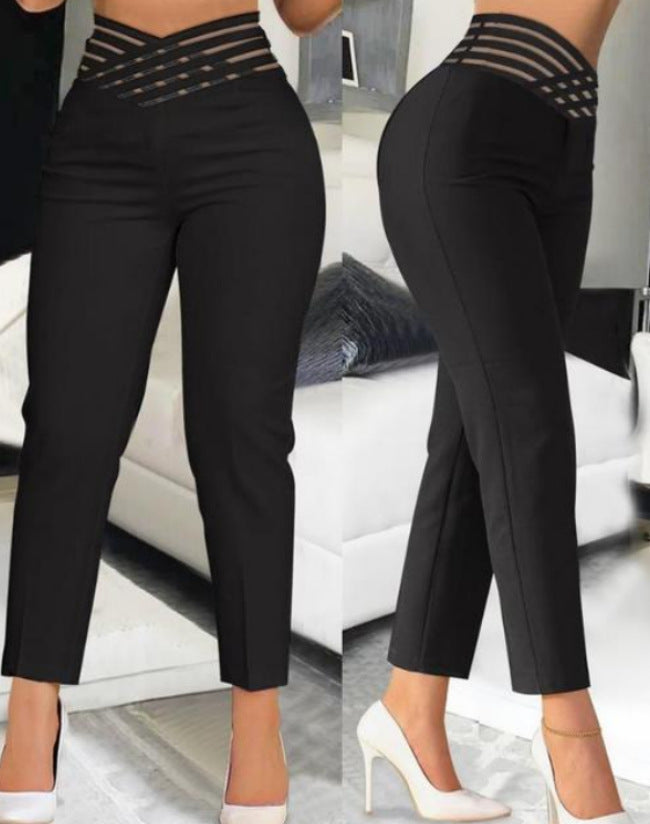Damen stylische High-Waist Hosen mit transparentem Gitterbund Stalluxe