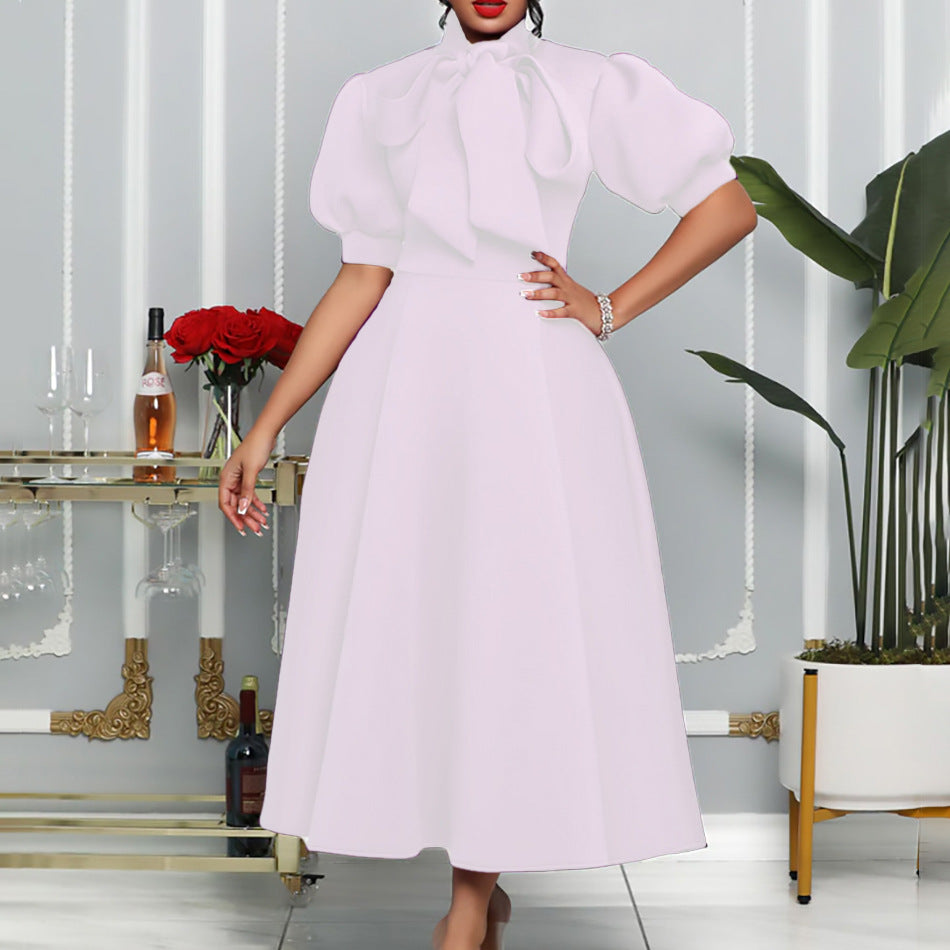 Damen elegante Maxikleid mit voluminösen Puffärmeln und Schleifenkragen Stalluxe