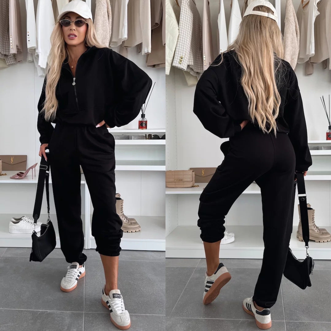 Damen sportliches Fleece-Set mit halbem Reißverschluss und elastischem Bund Stalluxe