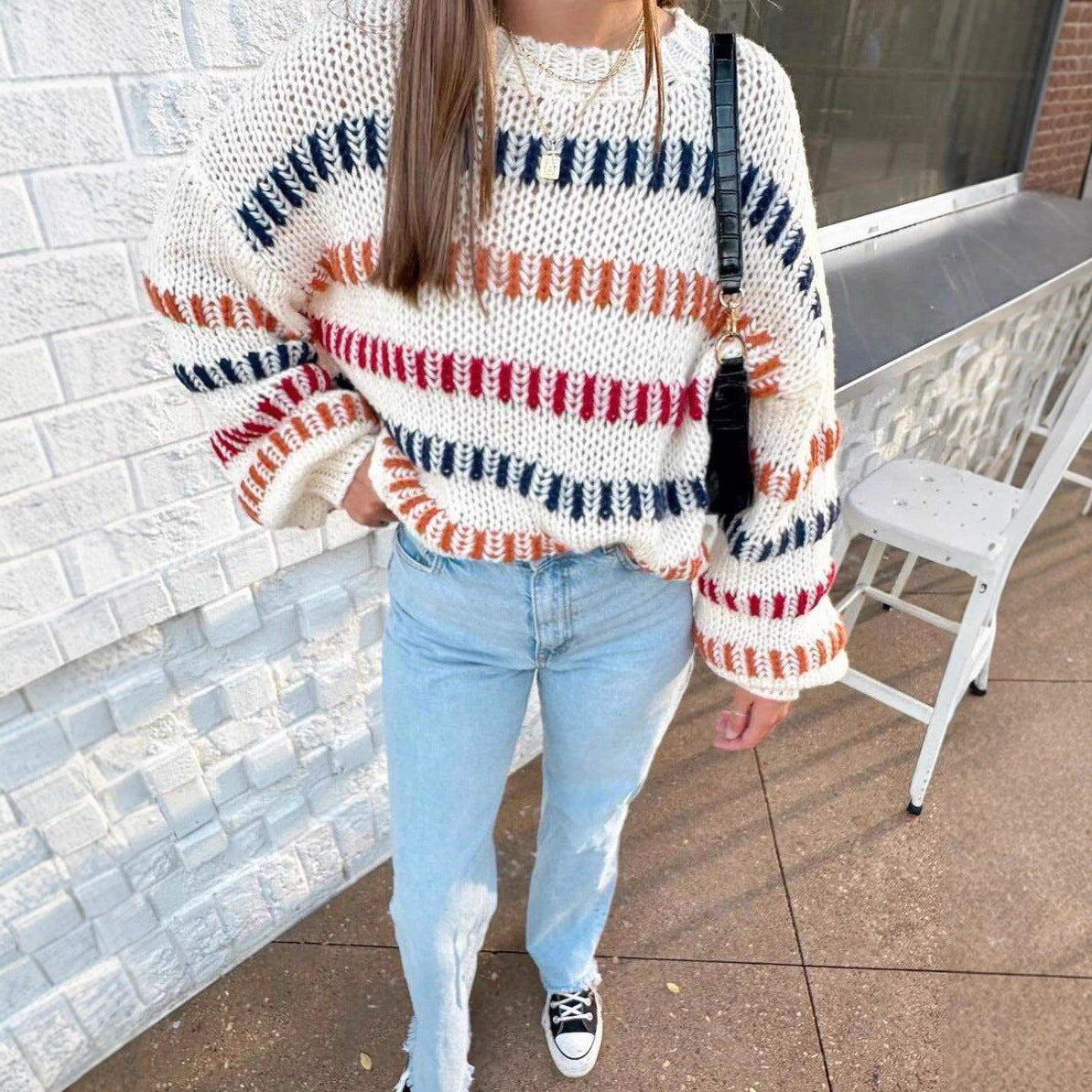 Damen Grobstrickpullover mit bunten Streifen und Oversized-Schnitt Stalluxe