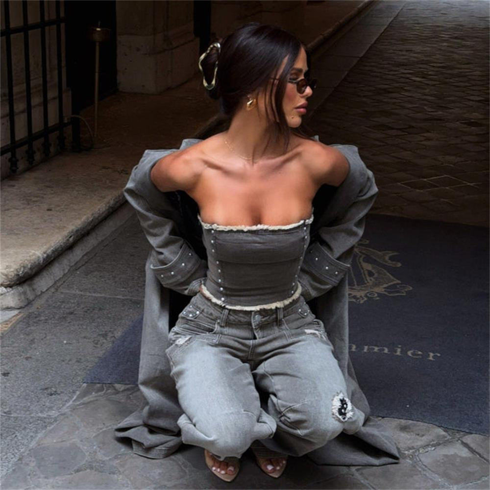 Damen Crop-Top und weiter Jeans mit dekorativen Akzenten Stalluxe