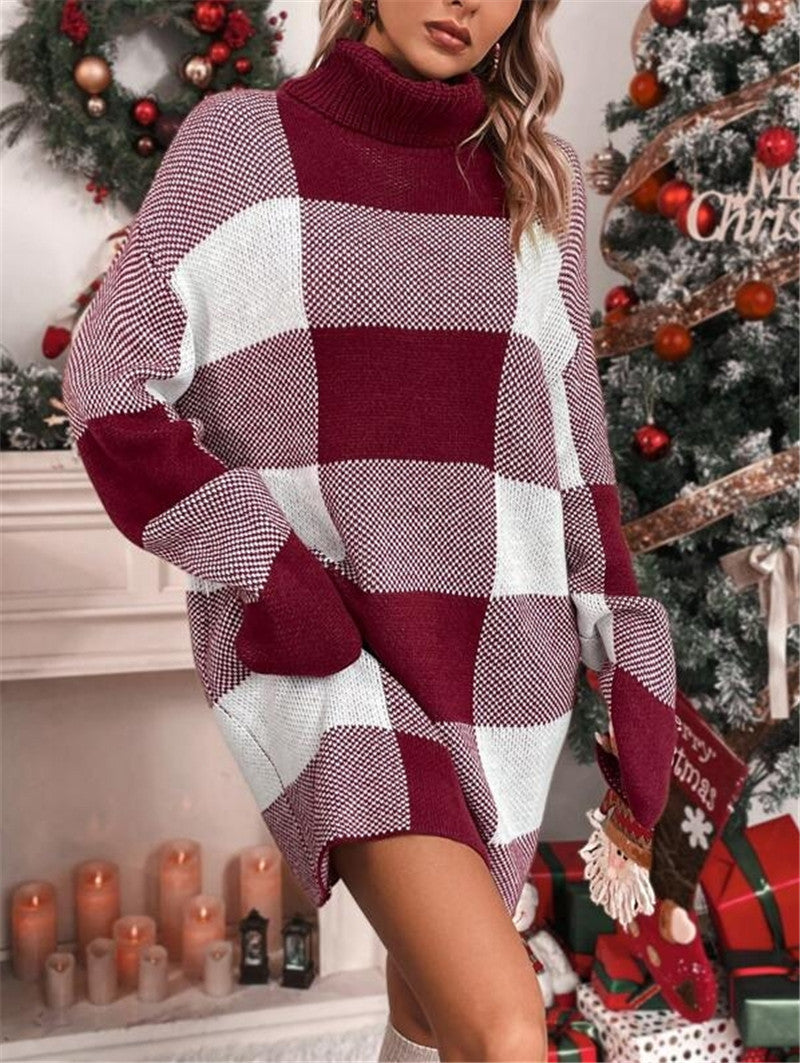 Damen Strickkleid mit hohem Kragen und Karomuster Stalluxe