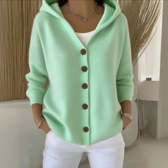 Damen lässige Strickjacke mit Kapuze und Knopfverschluss Stalluxe