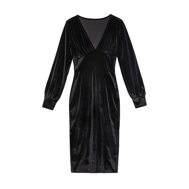 Damen Samt-Maxikleid mit tiefem V-Ausschnitt und voluminösen Ärmeln Stalluxe