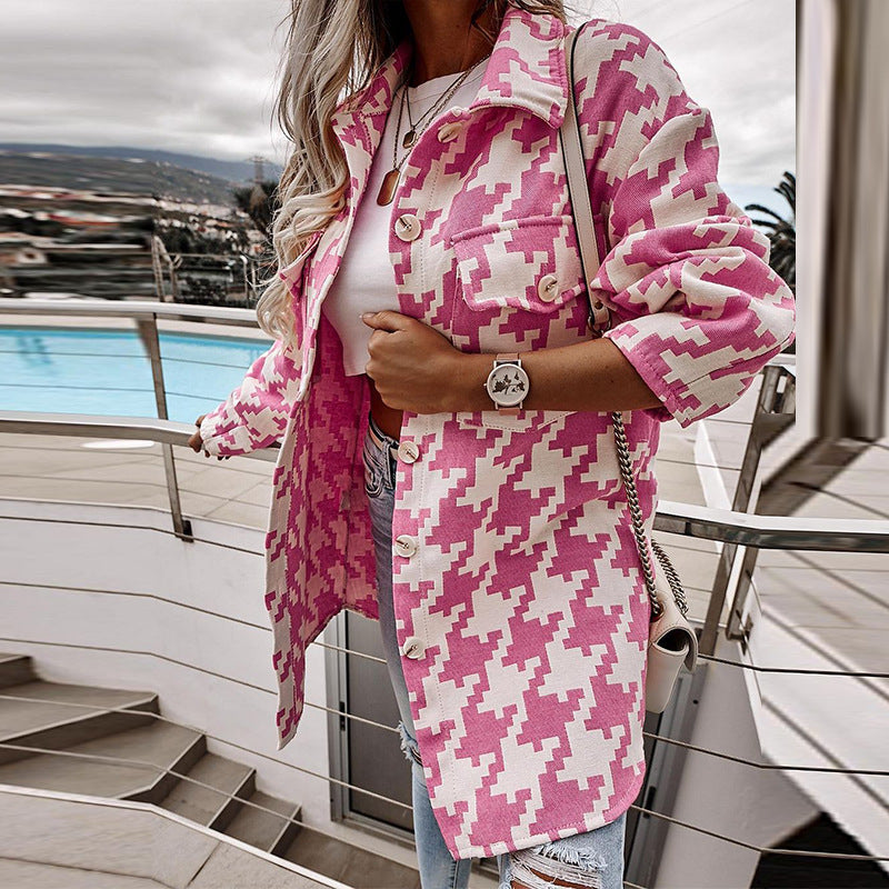 Damen Oversized Jacke im Hahnentritt-Design mit Taschen Stalluxe