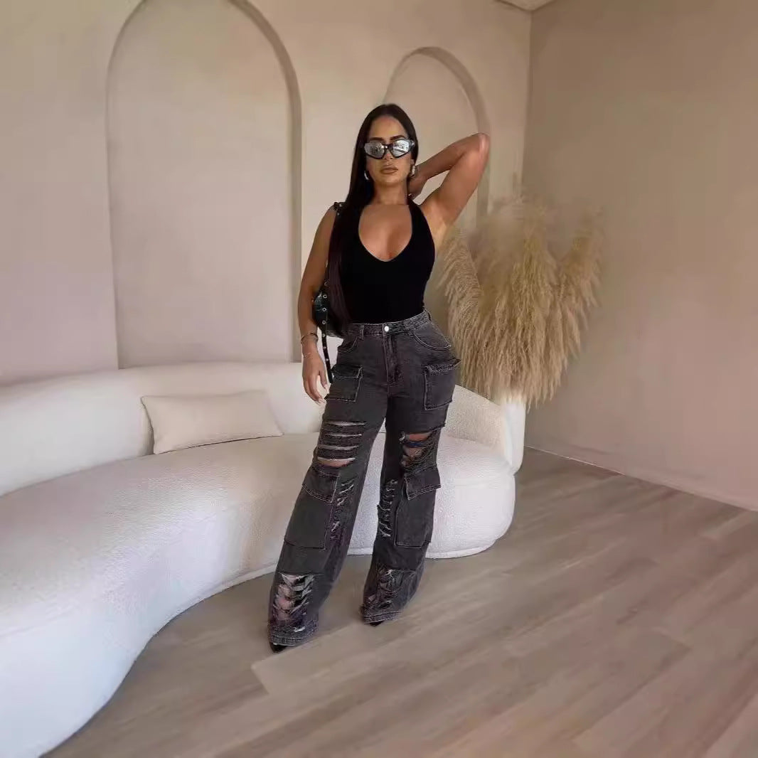 Damen Cargo-Jeans mit ausgefransten Rissdetails und praktischen Taschen Stalluxe
