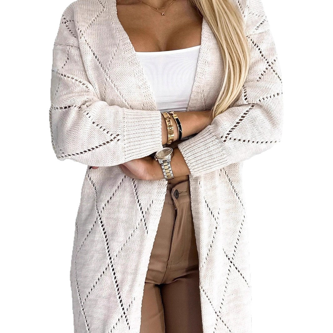 Damen Langer Strickcardigan mit elegantem Lochmuster und praktischen Taschen Stalluxe