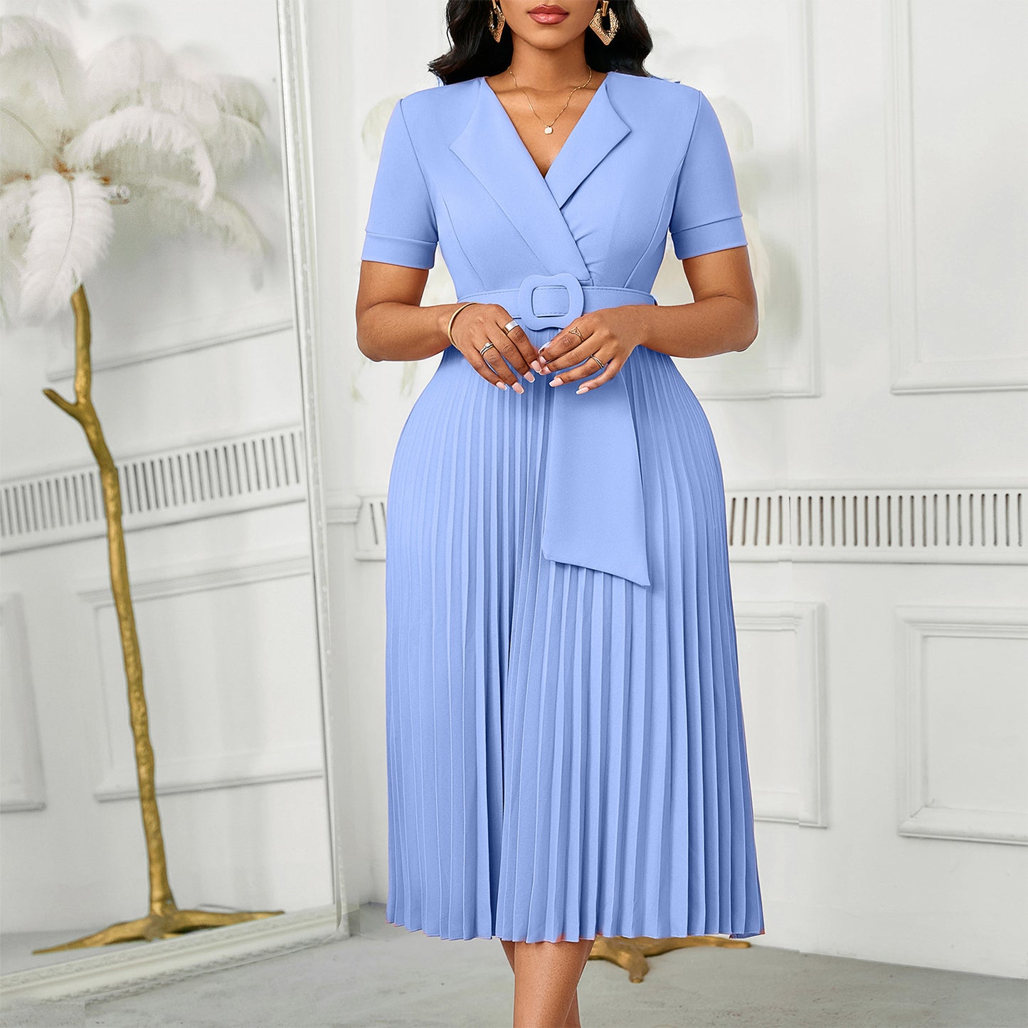 Damen Midikleid mit elegantem Wendegürtel und plissiertem Design Stalluxe