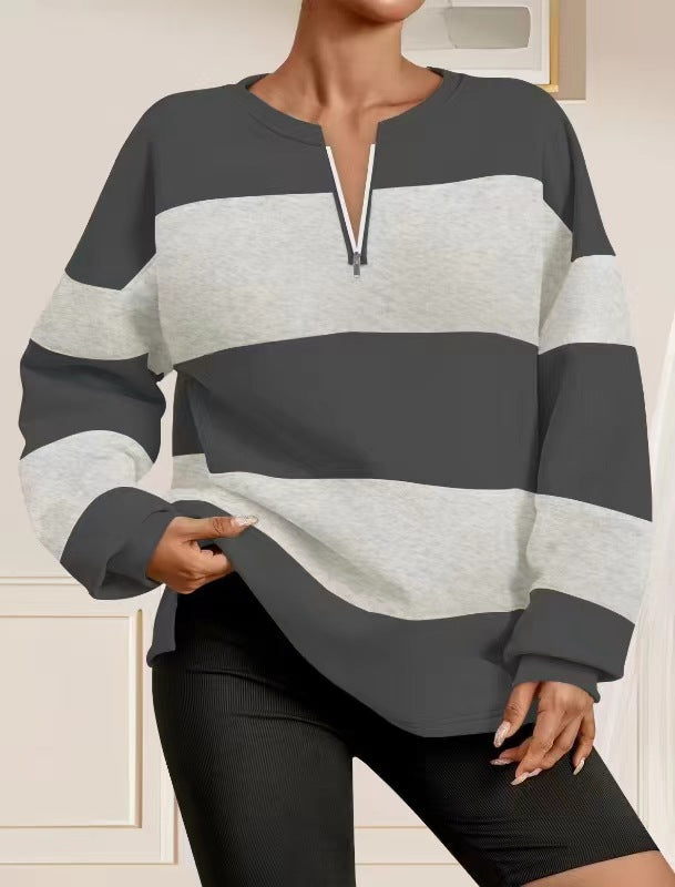 Damen modischer Sweatpullover mit Reißverschluss und gestreiftem Design Stalluxe Grau