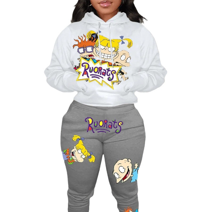 Damen Hoodie und Jogginghose Set mit farbenfrohen Cartoon-Motiven Stalluxe