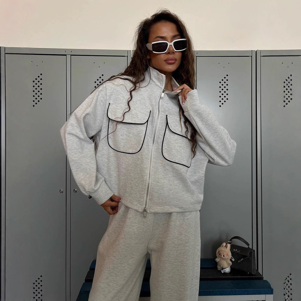 Damen lässiges Sportanzug-Set mit modischer Jacke und weit geschnittenen Hosen Stalluxe