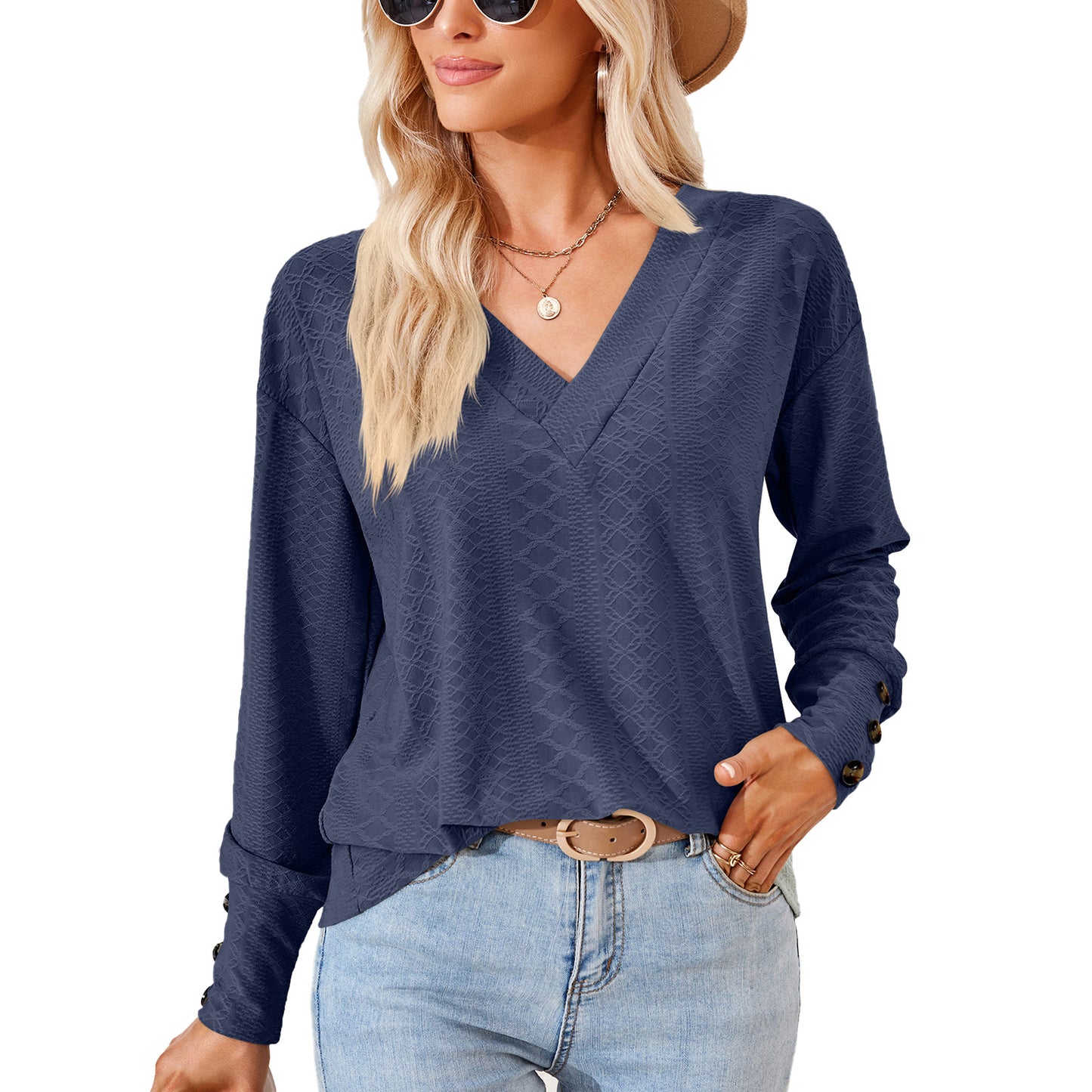 Damen Langarmbluse mit raffiniertem V-Ausschnitt und strukturiertem Design Stalluxe