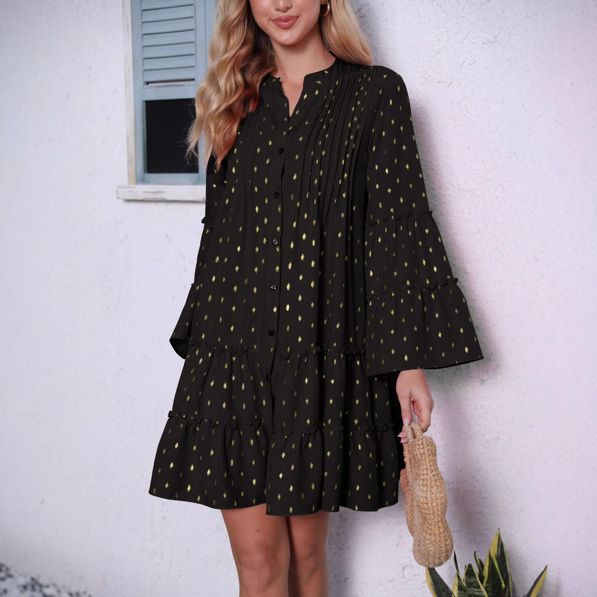 Damen lässiges Hemdblusenkleid mit Rüschendetails und Knopfleiste Stalluxe