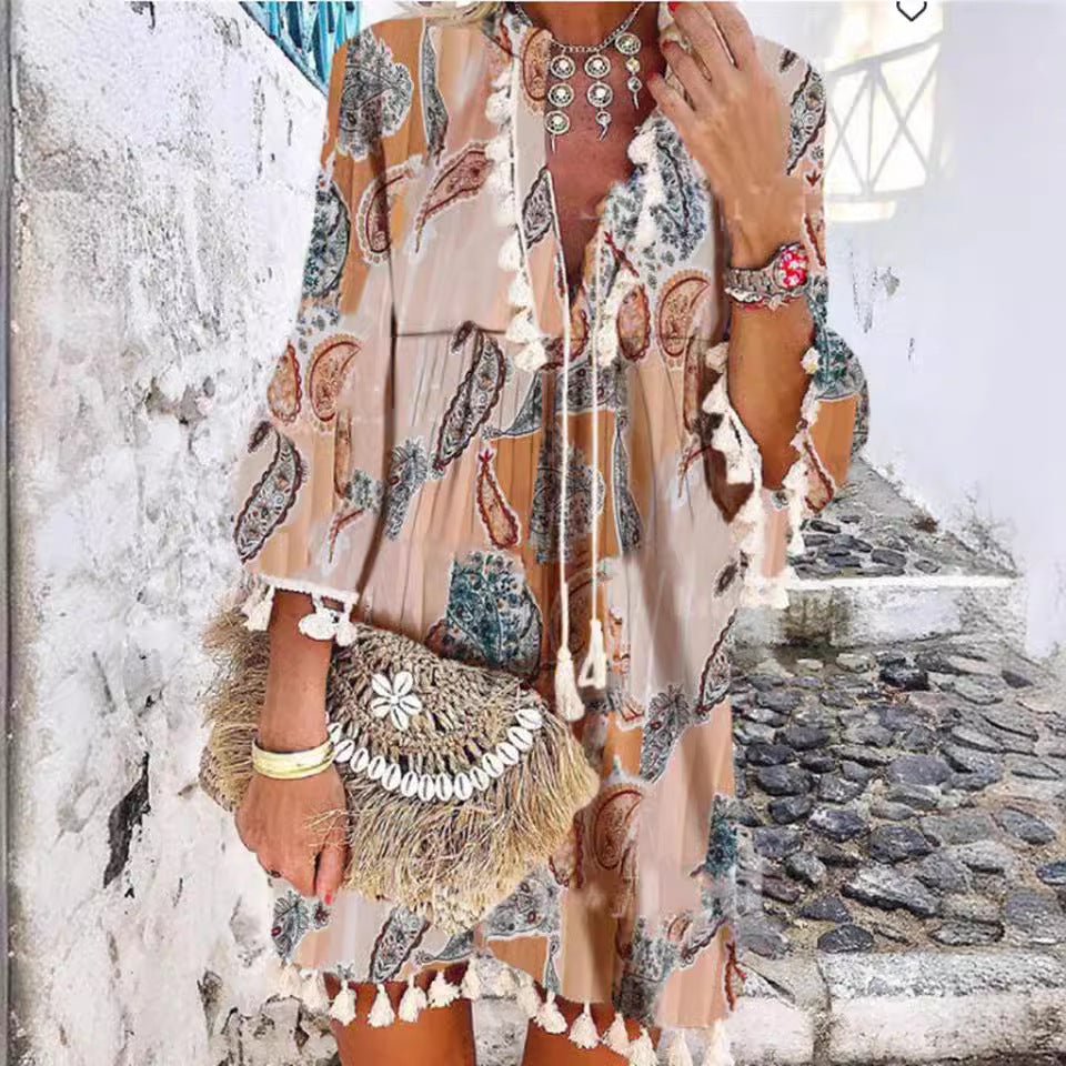 Damen Strandkleid mit hohem Kragen und romantischem Blumenmuster Stalluxe