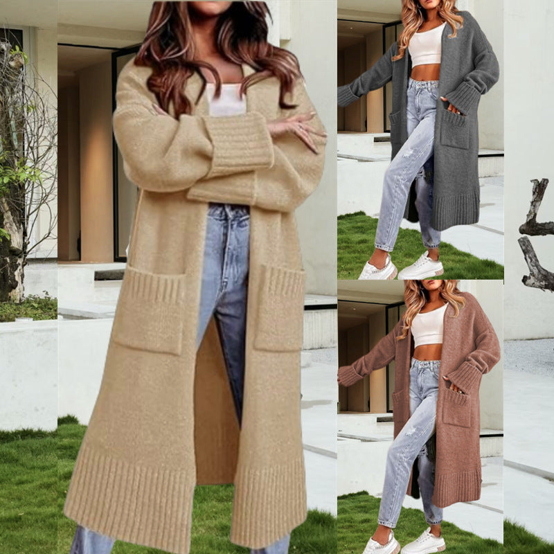 Damen Langer Strickcardigan mit praktischen Taschen und offenem Schnitt Stalluxe