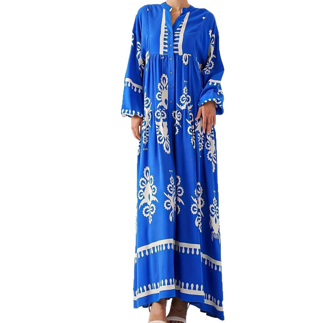Damen langes Kaftankleid mit floralen Akzenten und Knopfleiste Stalluxe