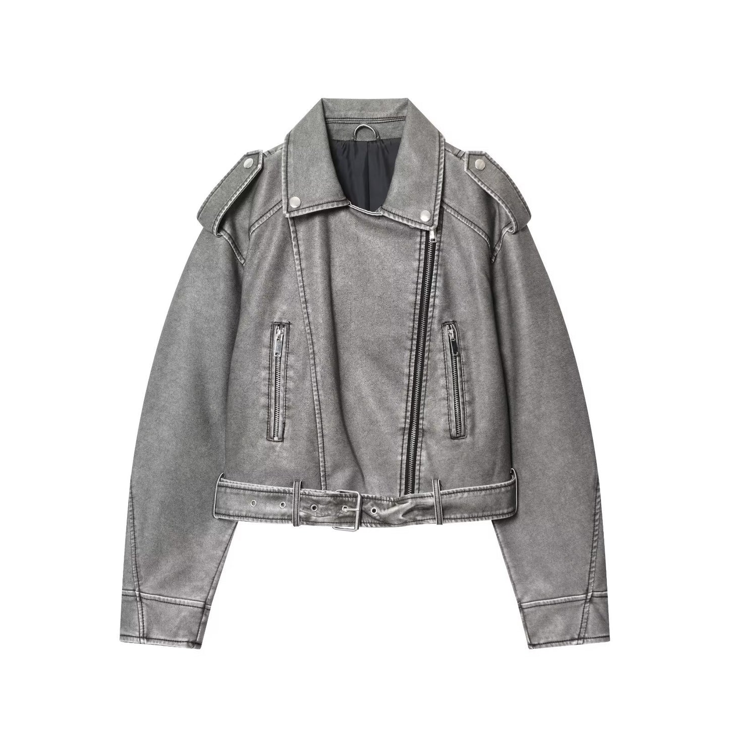 Damen modische Bikerjacke im Vintage-Look mit Taillengürtel und Reißverschlusstaschen Stalluxe