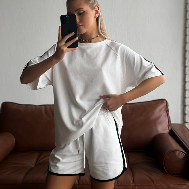 Damen sportliches Kurzarm-Set mit seitlichen Kontraststreifen und elastischer Taille Stalluxe
