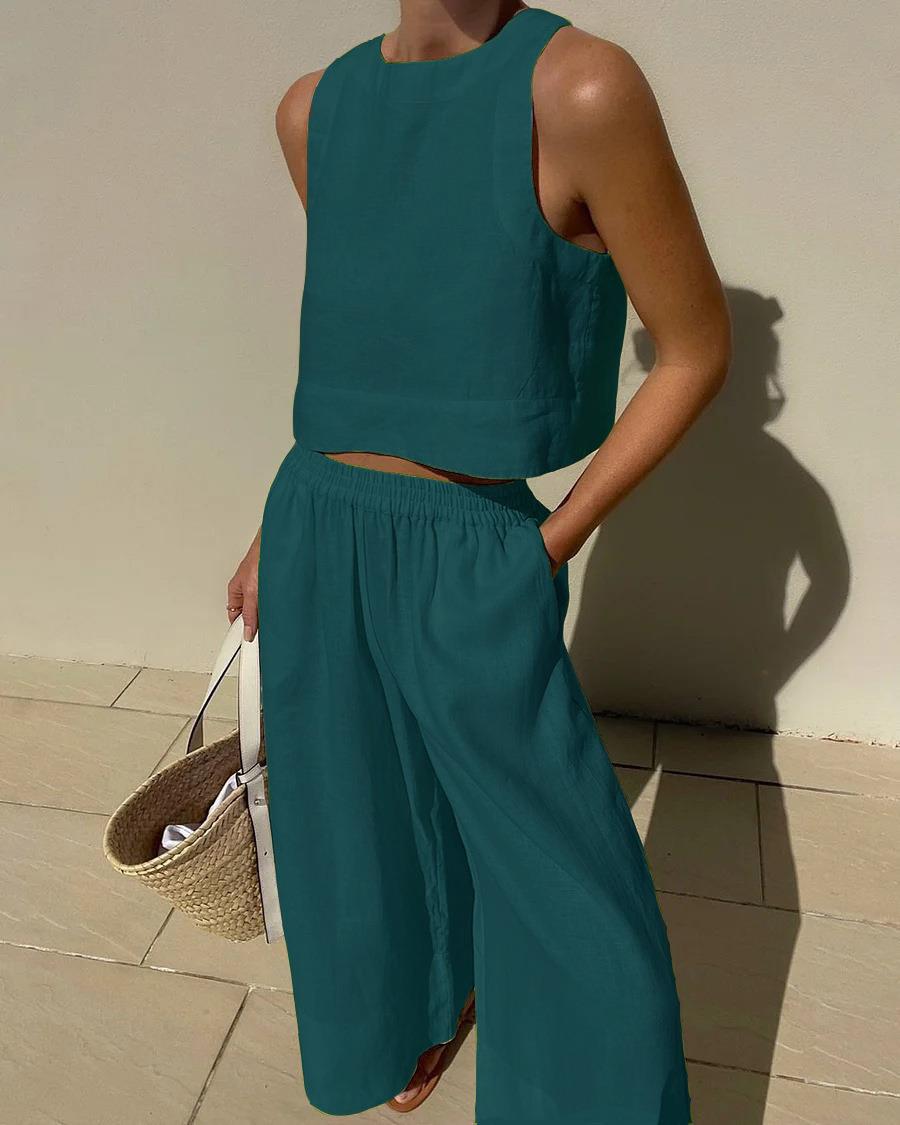 Damen luftiges und modernes Leinen-Set mit Cropped Top und weitem Hose Stalluxe