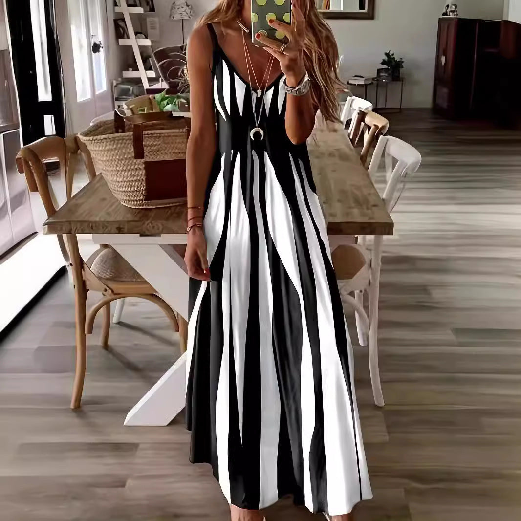 Damen Maxikleid mit modischem Streifenmuster und raffiniertem V-Ausschnitt Stalluxe