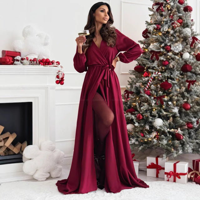Damen elegantes Maxikleid mit Wickeloptik und hohem Schlitz Stalluxe