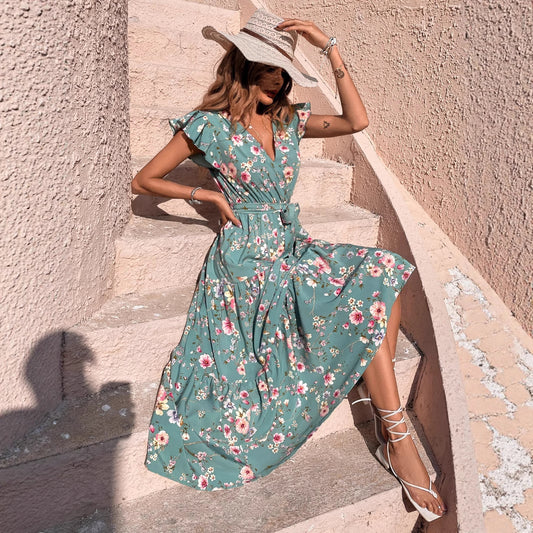 Damen Maxikleid mit floralen Volantärmeln und Taillengürtel Stalluxe