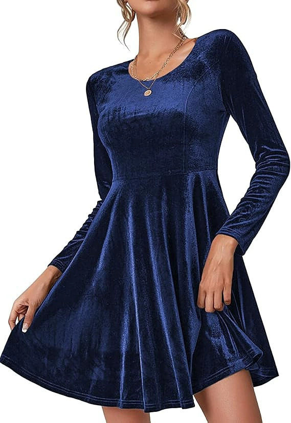 Damen Langarm Velours Kleid mit fließendem Rock Stalluxe