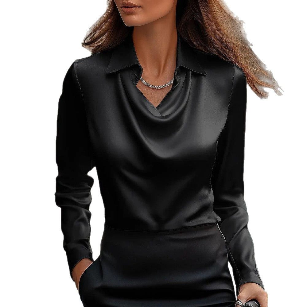 Damen elegante Bluse mit fließendem Kragen und langem Arm Stalluxe