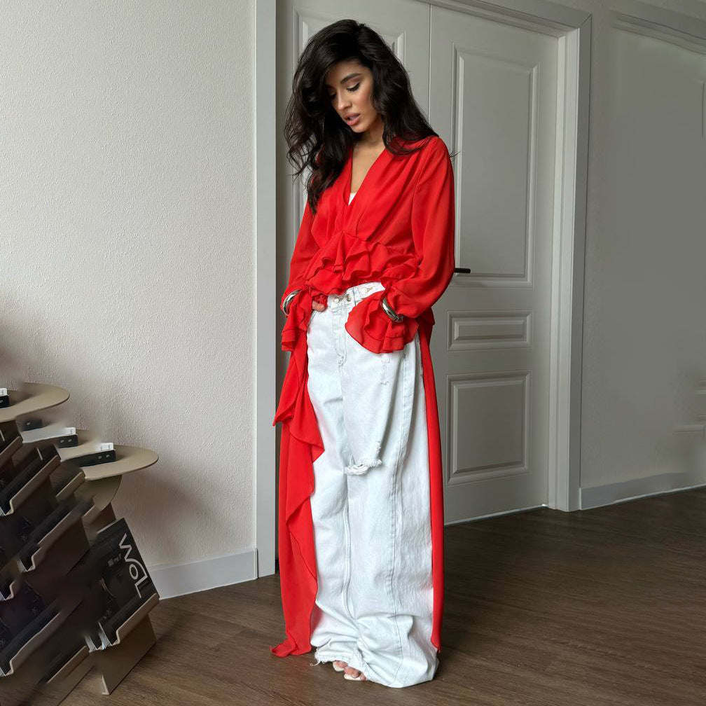Damen Elegantes, fließendes Maxikleid mit weitem Schnitt und Rüschendetails Stalluxe