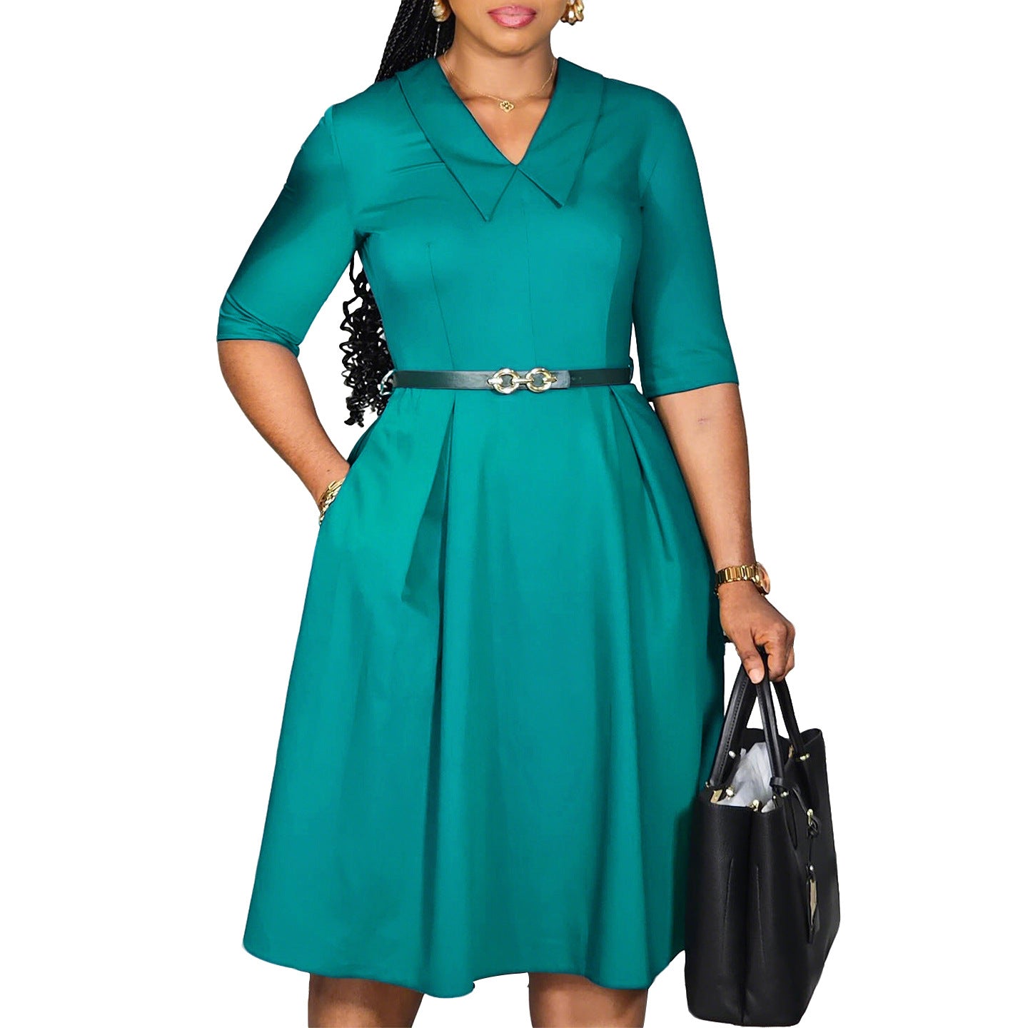 Damen Elegantes Skaterkleid mit Kragen und Taillengürtel Stalluxe