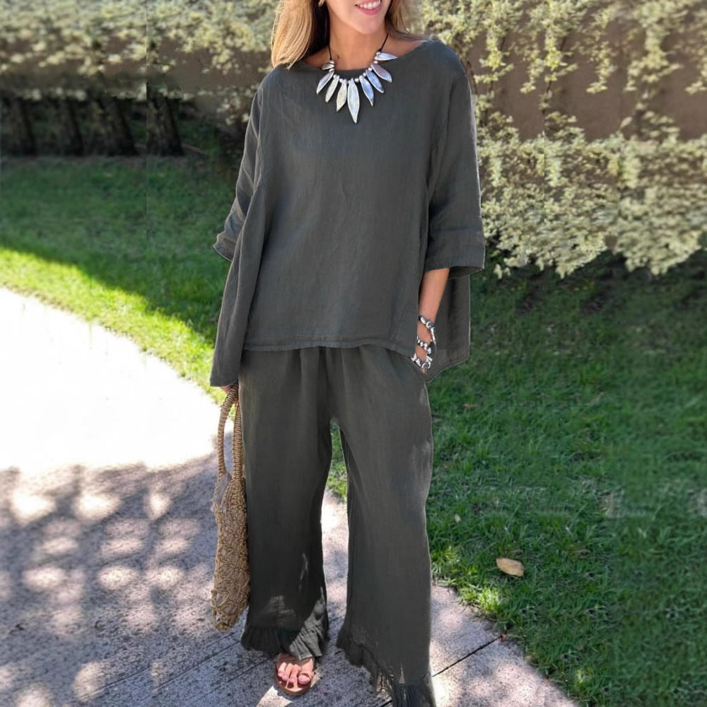 Damen lässiges Leinen-Outfit mit weitem Schnitt und angeschnittenen Ärmeln Stalluxe