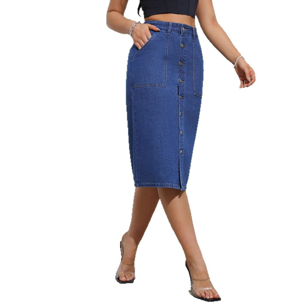Damen Jeans-Midirock mit Knopfverschluss und praktischen Taschen Stalluxe