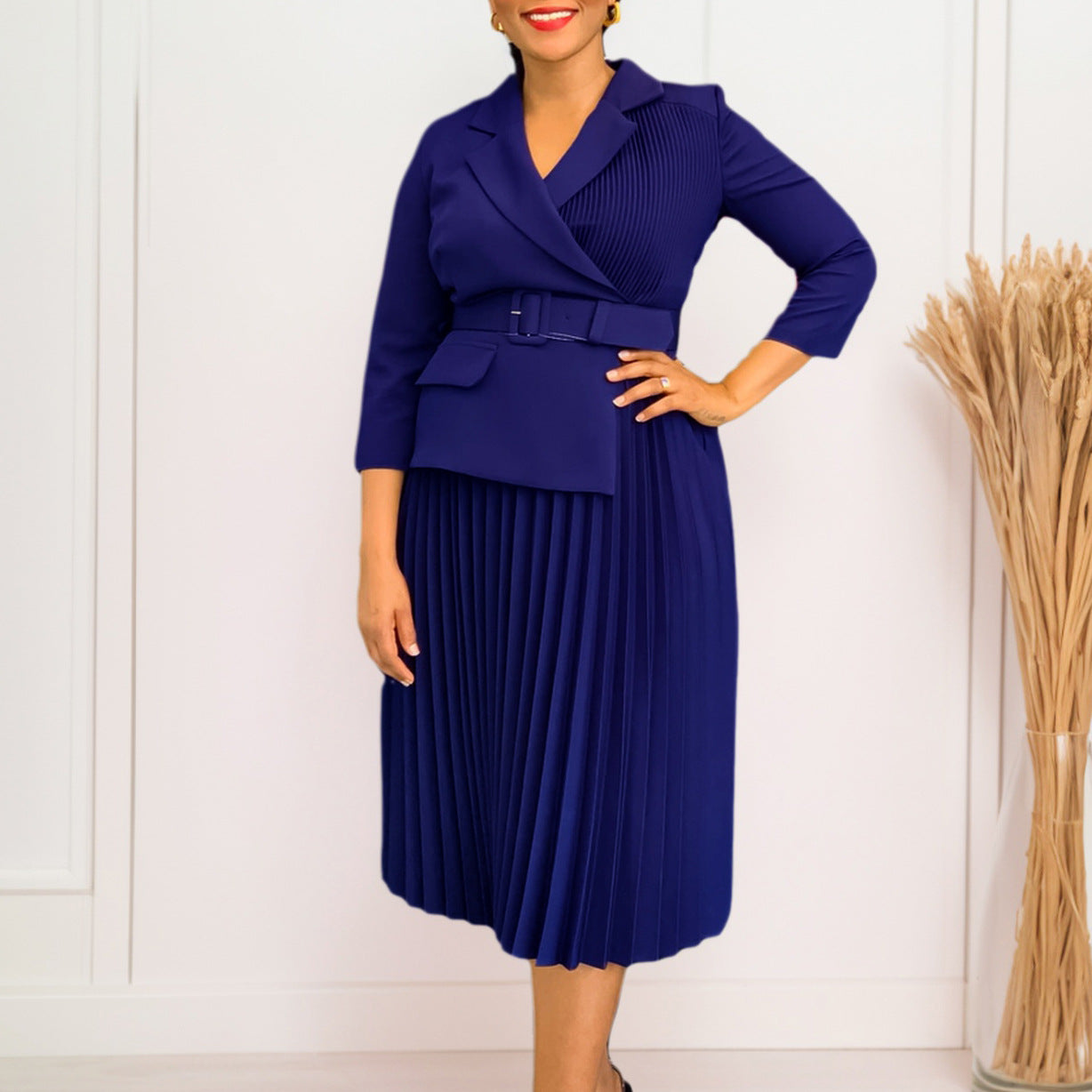 Damen Plissee-Blazer-Kleid mit Taillengürtel Stalluxe