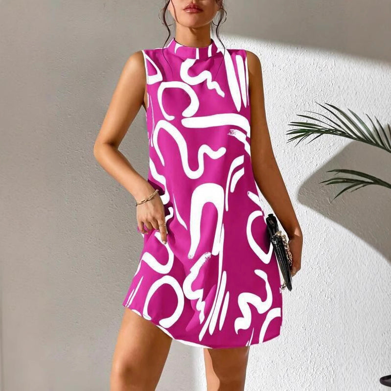 Damen A-linien Minikleid mit modernem grafischem Muster und Stehkragen Stalluxe