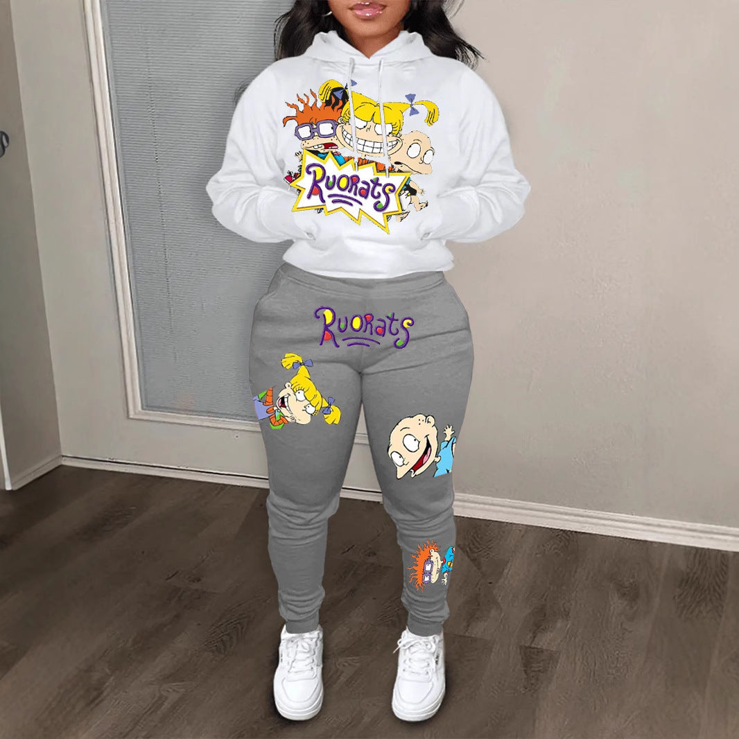 Damen Hoodie und Jogginghose Set mit farbenfrohen Cartoon-Motiven Stalluxe