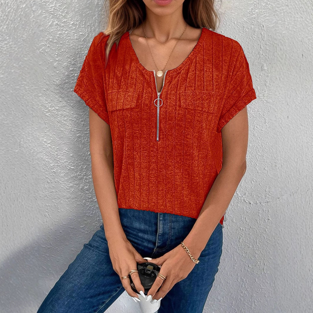 Women's Ribbed Pocket Zip-Up Top Stalluxe