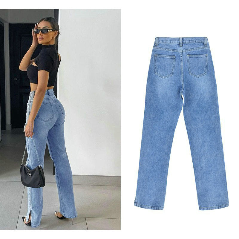 Damen lässige Ripped Jeans mit hoher Taille und modernen Fransen Stalluxe