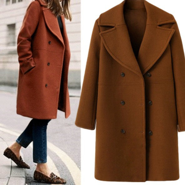 Damen Eleganter Doppelreiher-Wollmantel mit weitem Kragen und praktischen Taschen Stalluxe