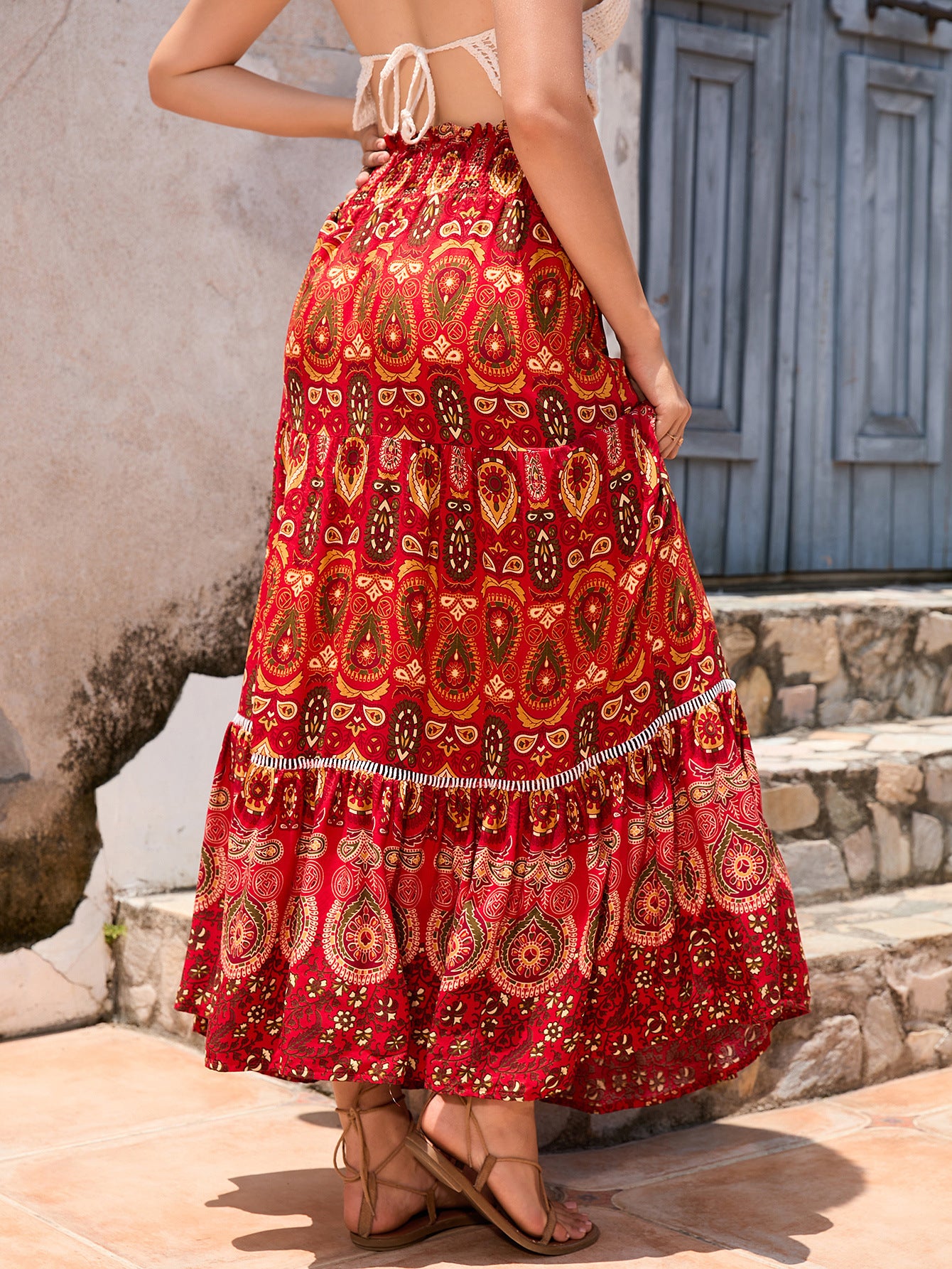 Damen Maxirock im bunten Paisley-Design mit Volant und elastischem Bund Stalluxe