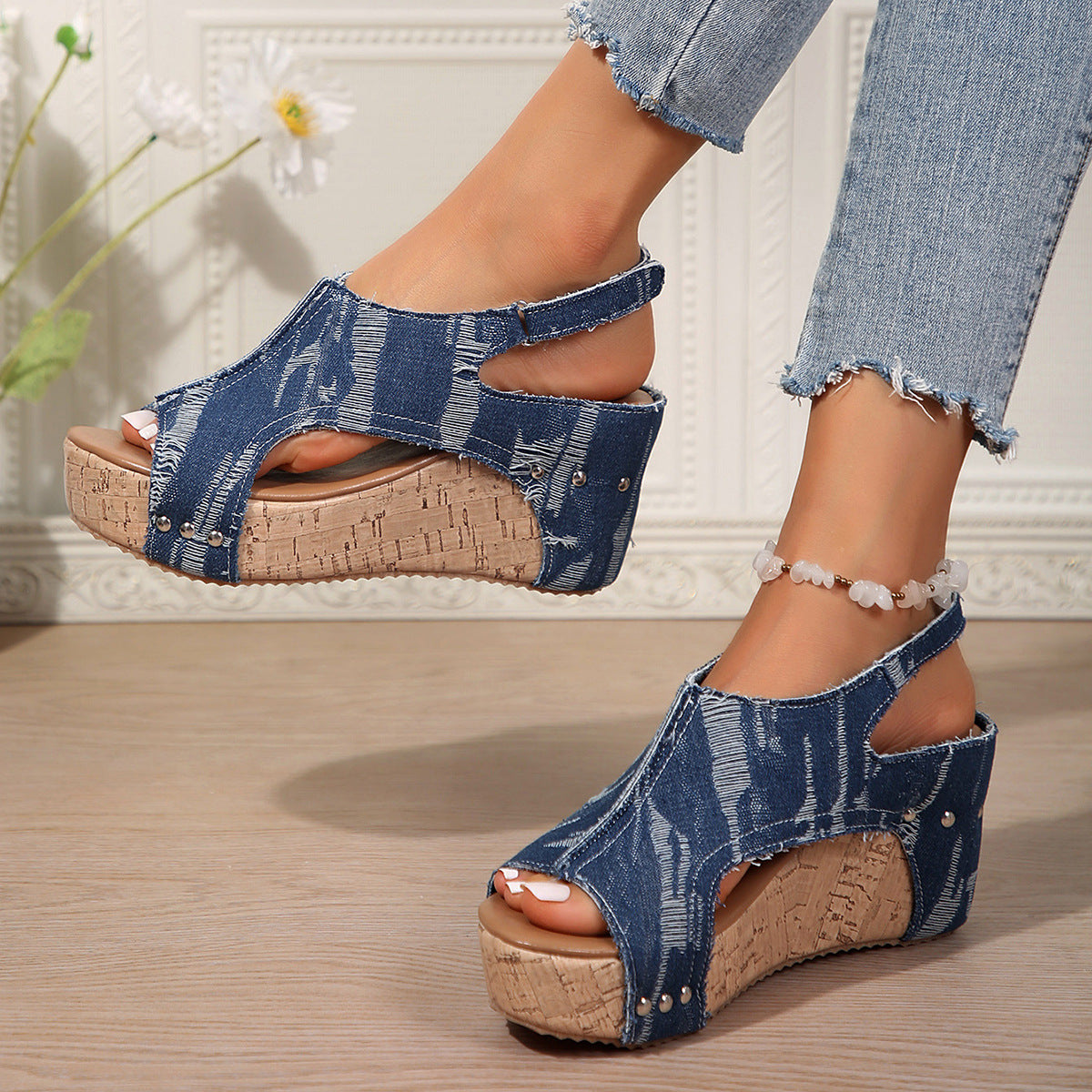 Damen Keil-Sandalen im modischen Denim-Look mit elastischer Fußbettgestaltung Stalluxe