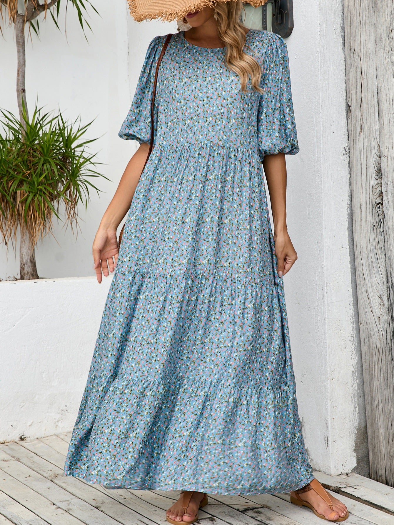 Damen Maxikleid mit nostalgischem Blumendruck und weiten Ärmeln Stalluxe
