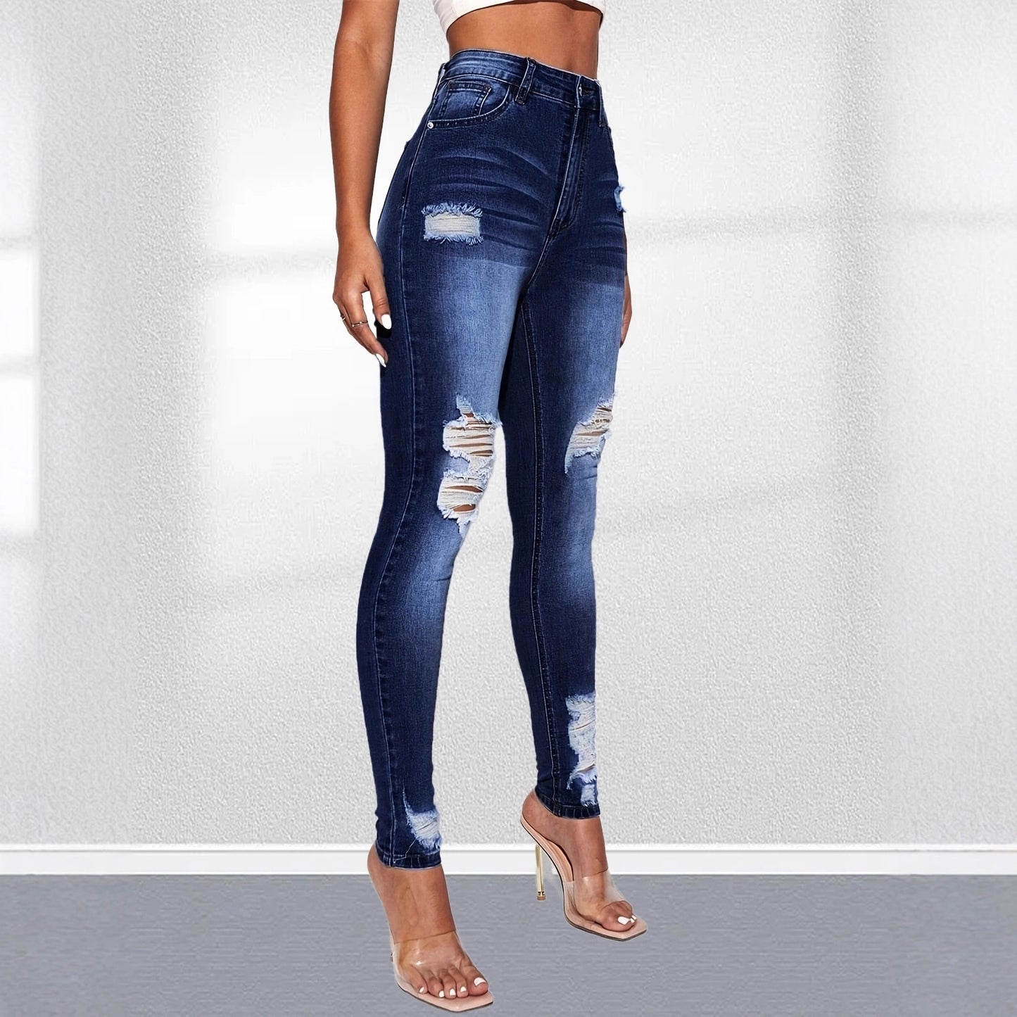 Damen Skinny Jeans mit modischem Destroyed-Effekt und hohem Bund Stalluxe