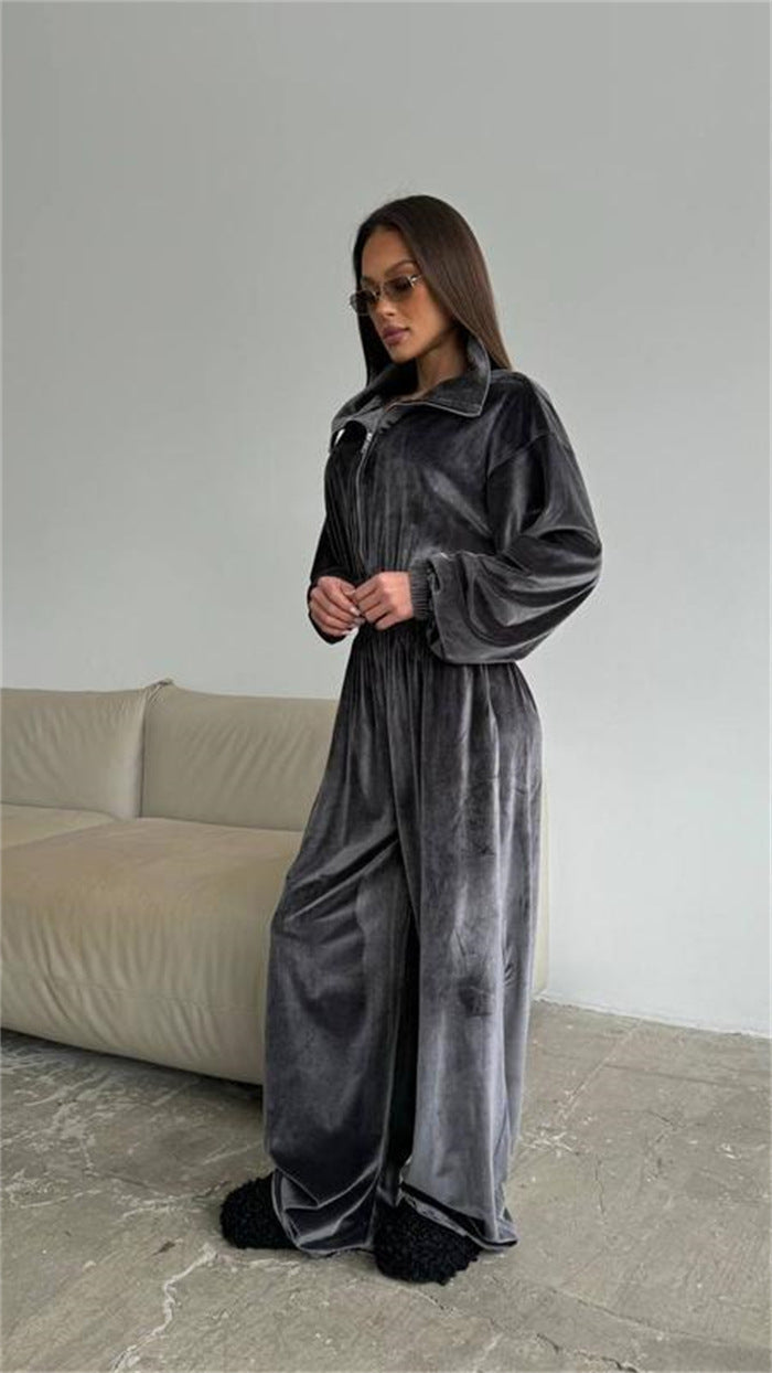 Damen eleganter Fleece-Jumpsuit mit hohem Kragen und Kordelzug Stalluxe